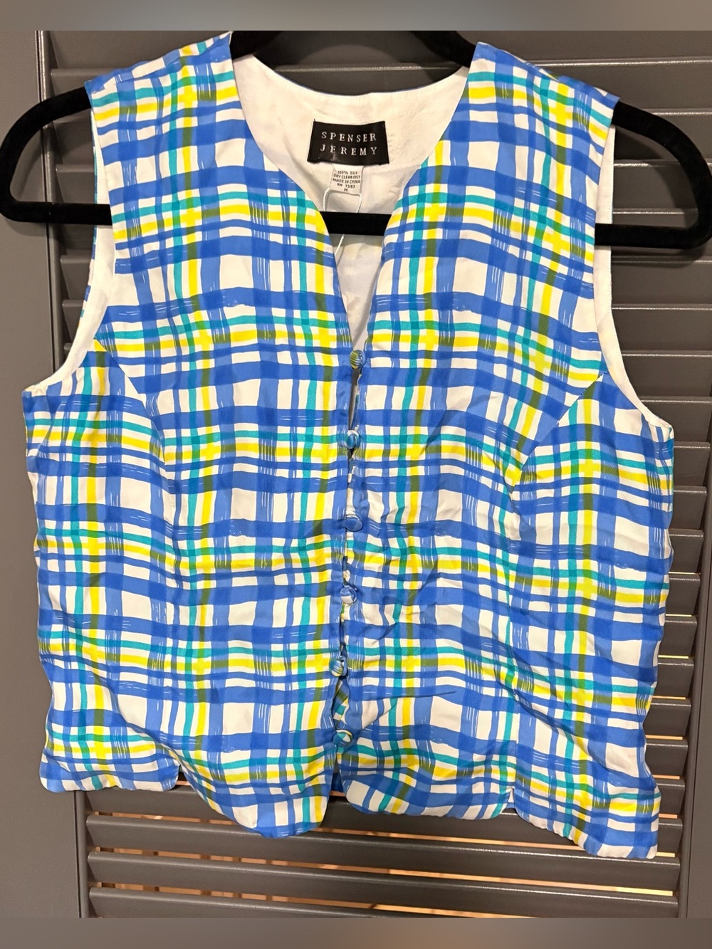 Vintage Spenser Jeremy 100% Silk Blue, Yellow & White Plaid Sleeveless Top